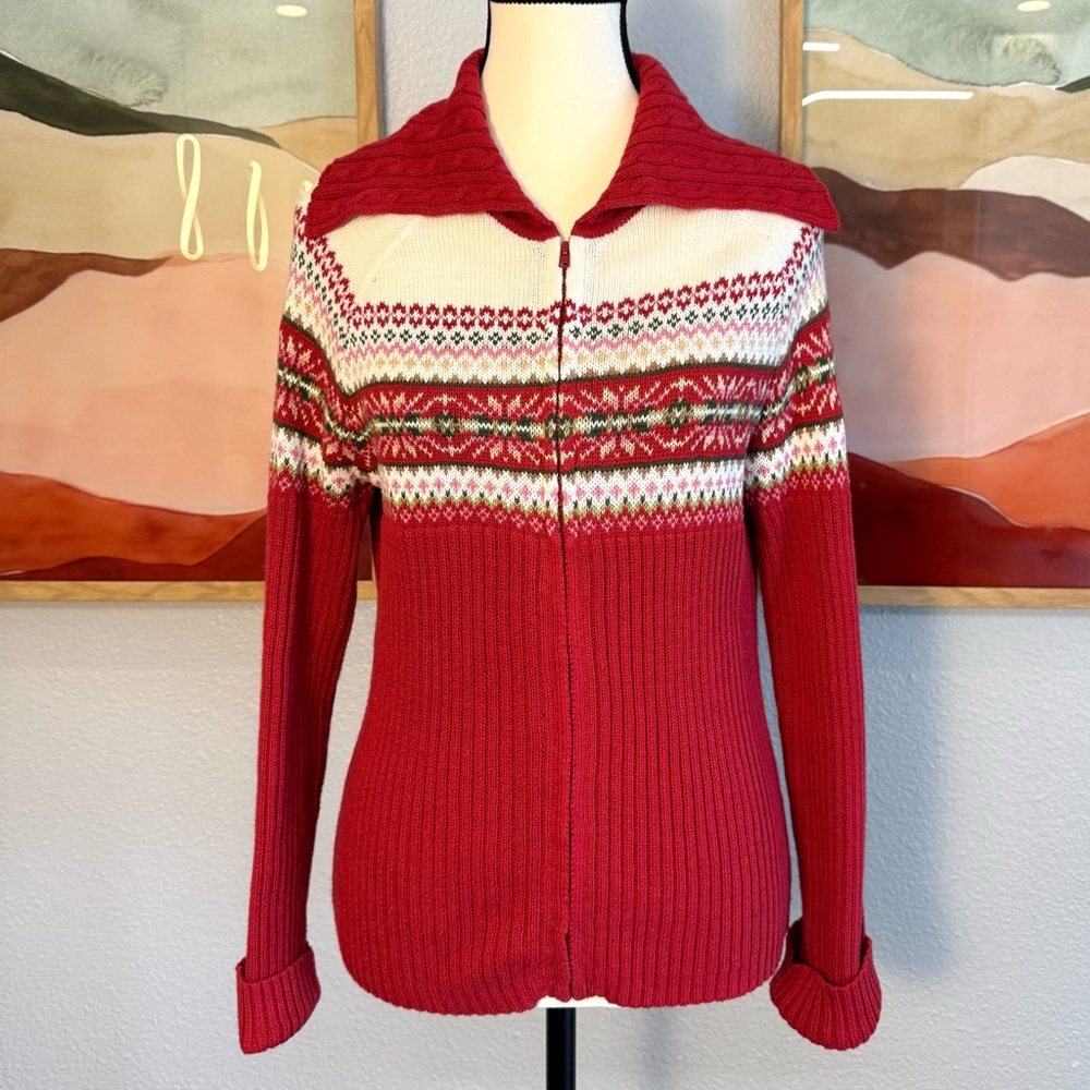 Tiara International Red Fair Isle Zip Front Cardigan